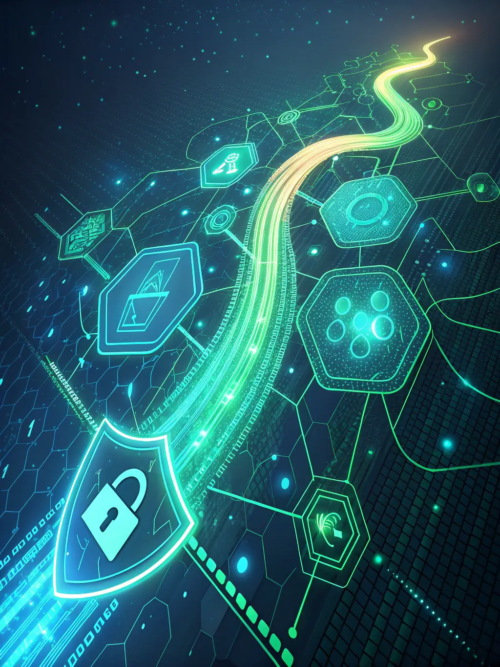 An abstract image representing data encryption and secure network connections, symbolizing enhanced cybersecurity for remote devices.